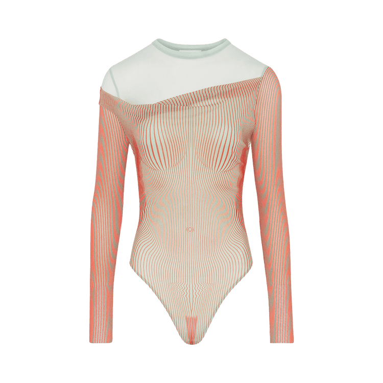 Jean Paul Gaultier Double Layer Pinstripe Body Morphing Bodysuit "Mint/Coral"