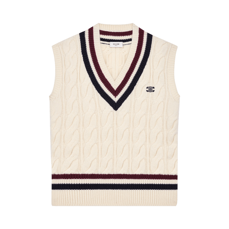 CELINE Triomphe Cashmere V-Neck Cable Knit Vest "Ecru/Burgundy/Navy"