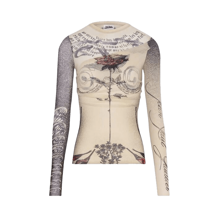 Jean Paul Gaultier Tattoo Rose & Bird Double Layer Mesh Top "Ecru/Black/Red"