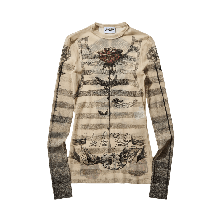 Jean Paul Gaultier Tattoo Mariniere Long-Sleeve Top "Ecru/Black/Red"