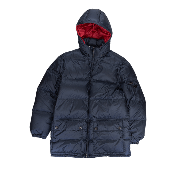 Prada Logo Puffer Coat "Navy/Red"
