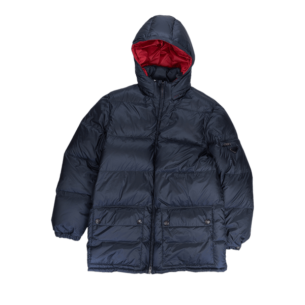 Prada Logo Puffer Coat "Navy/Red"