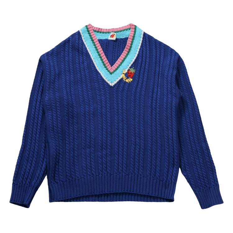 Sky High Farm Workwear V-Neck Striped Cableknit Sweater "Blue"