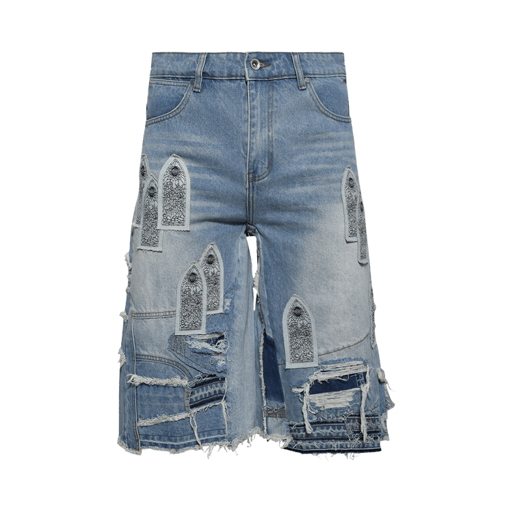 Who Decides War Patched Arch Blowout Denim Short "Sky"