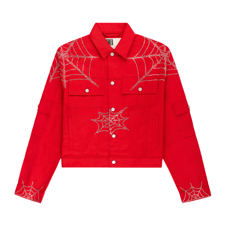 Sp5der Web Denim Cropped Trucker Jacket "Red"