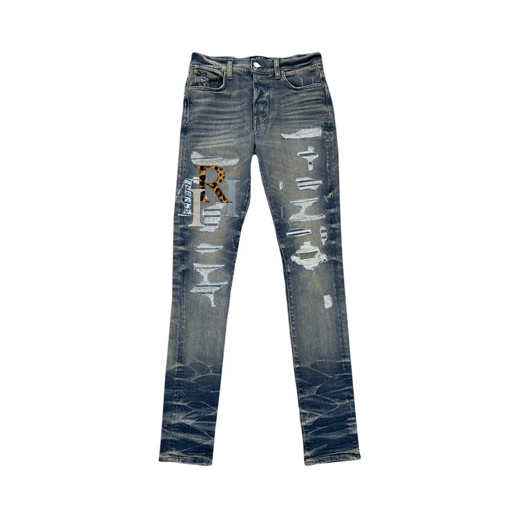 Amiri Leather Staggered Logo Jeans "Vintage Indigo"