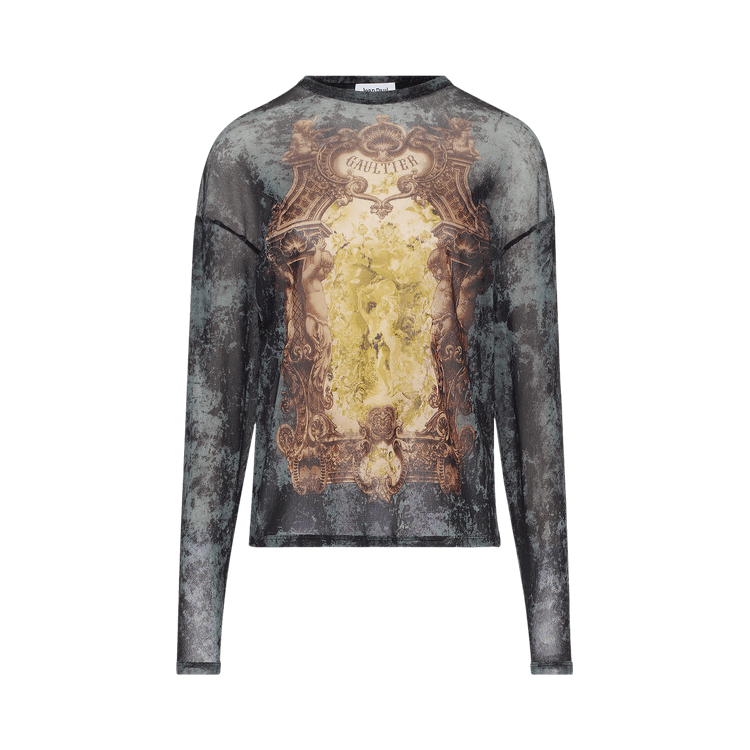 Jean Paul Gaultier Médaillon Printed Mesh Oversized Crewneck Top "Black"