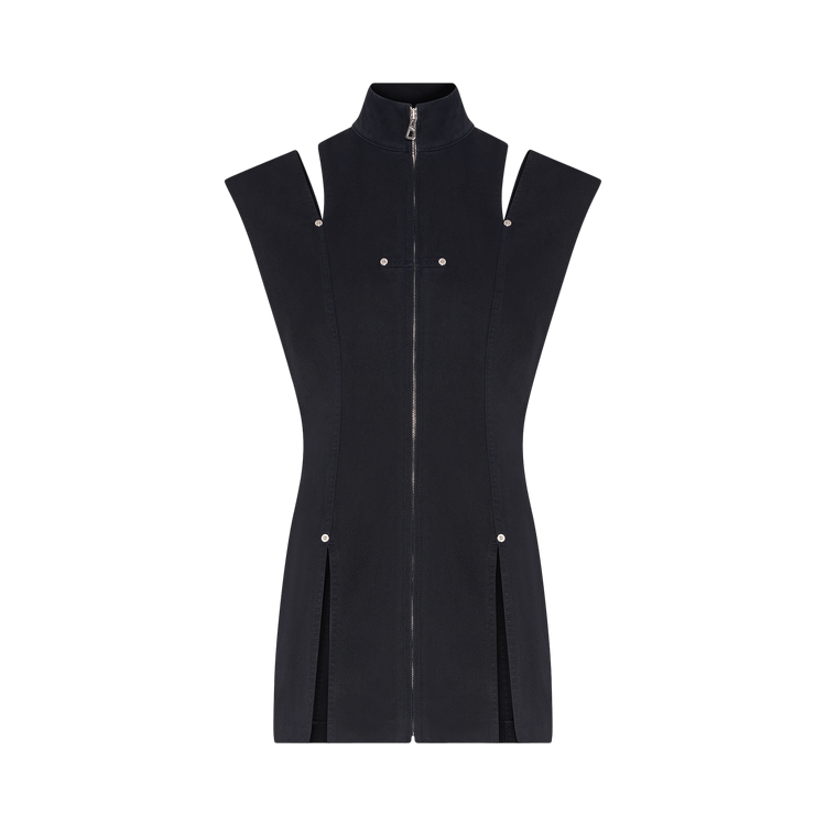 Jean Paul Gaultier Overdyed Denim Short Dress With Slit Detail And Mesh Incrustation On The Back "Navy"