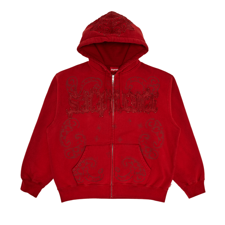 Supreme Leather Appliqué Zip Up Hooded Sweatshirt "Burnt Red"