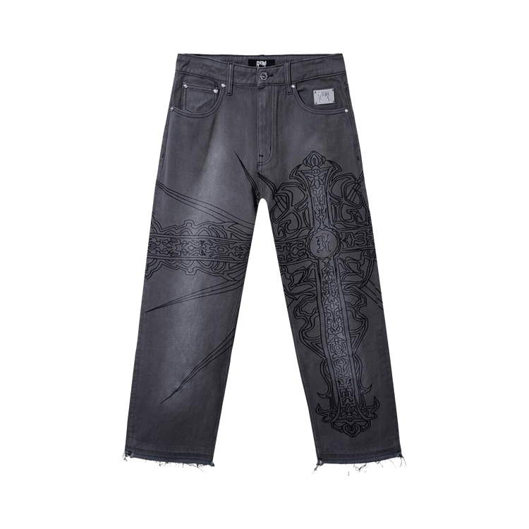 Revenge Spike Cross Embroidered Denim Pant "Grey"