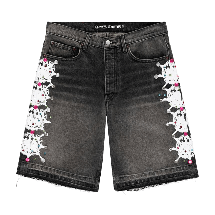Sp5der Web Stone Denim Shorts "Black Wash"