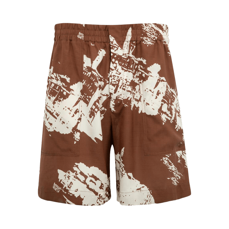 Bottega Veneta Silk Shantung Postcard Print Shorts "Pecan/Dove"