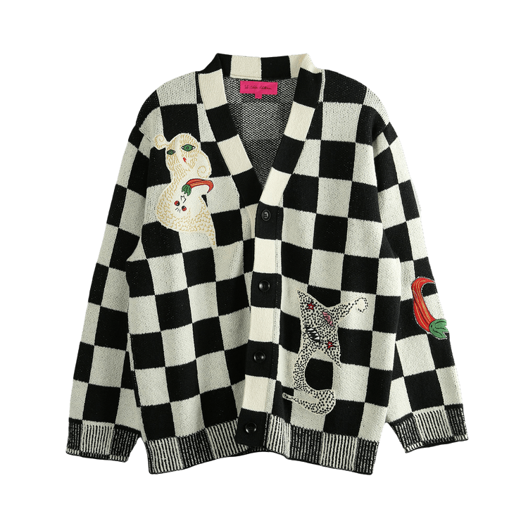 The Elder Statesman Nora Lite Creatures Cardigan "Black/Natural Check"