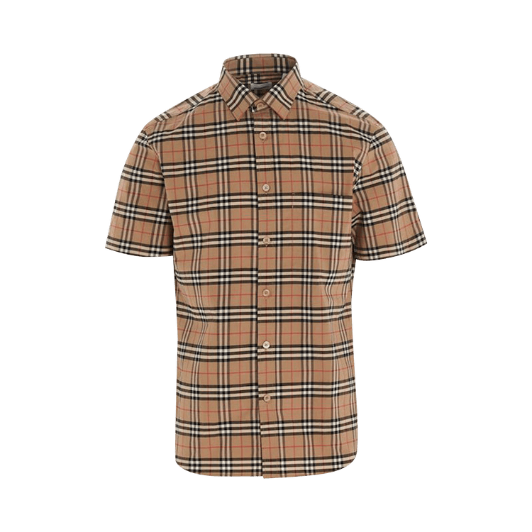 Burberry Small Scale Check Stretch Cotton Short-Sleeve Shirt "Archive Beige"