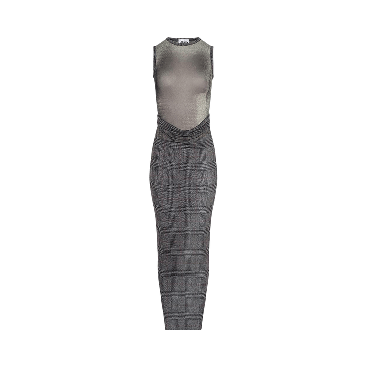 Jean Paul Gaultier Mesh Long Dress Double Layer Printed Body Shadow And Prince Of Wales "Light Grey/Vanilla/Red"