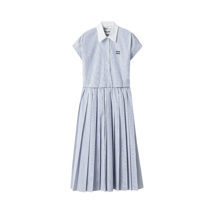 Miu Miu Pleated Striped Poplin Midi Dress "Bianco/Celeste"