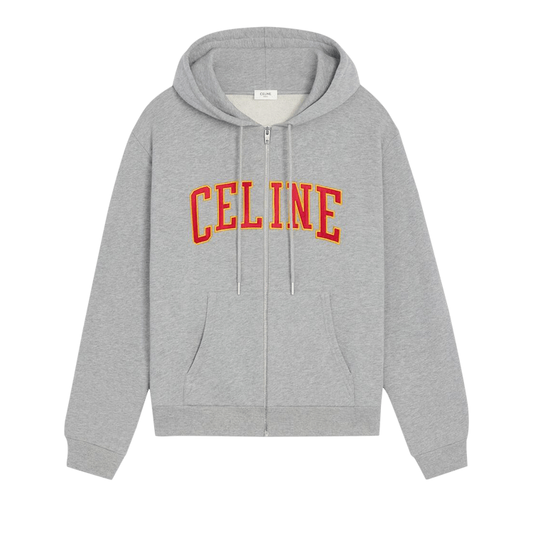 CELINE Loose Zip Up Hoodie "Grey Melange/Burgundy/Yellow"