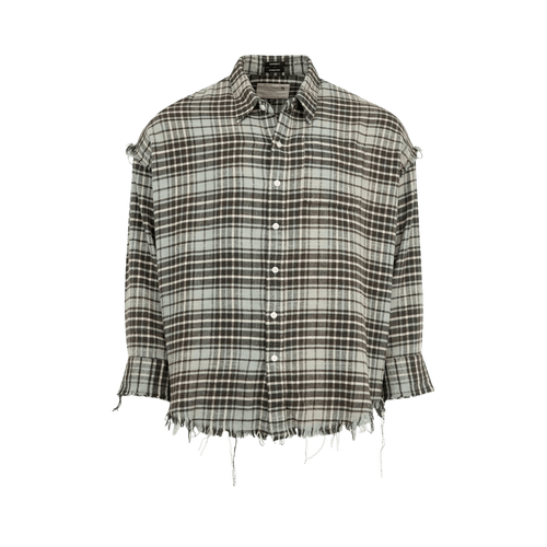 R13 Shredded Seam Drop Neck Shirt "Blue & Grey Plaid"