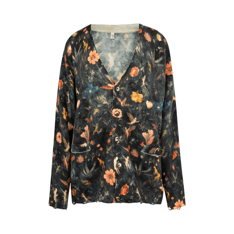 R13 Printed Boyfriend Cardigan "Floral With Angels/Black"
