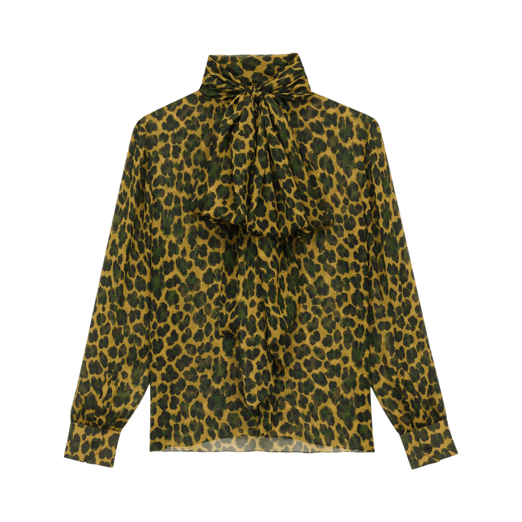 Saint Laurent Lavallière Blouse In Leopard Silk Muslin "Ocre/Vert"