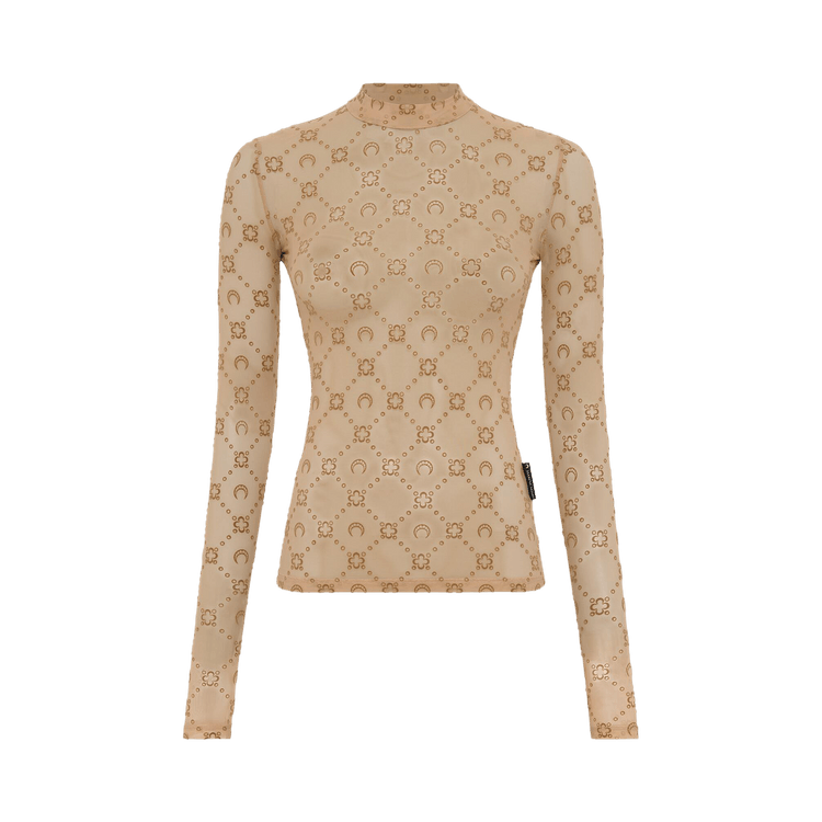 Marine Serre Moonogram Mesh Flock Long-Sleeve Highneck Top "Camel"