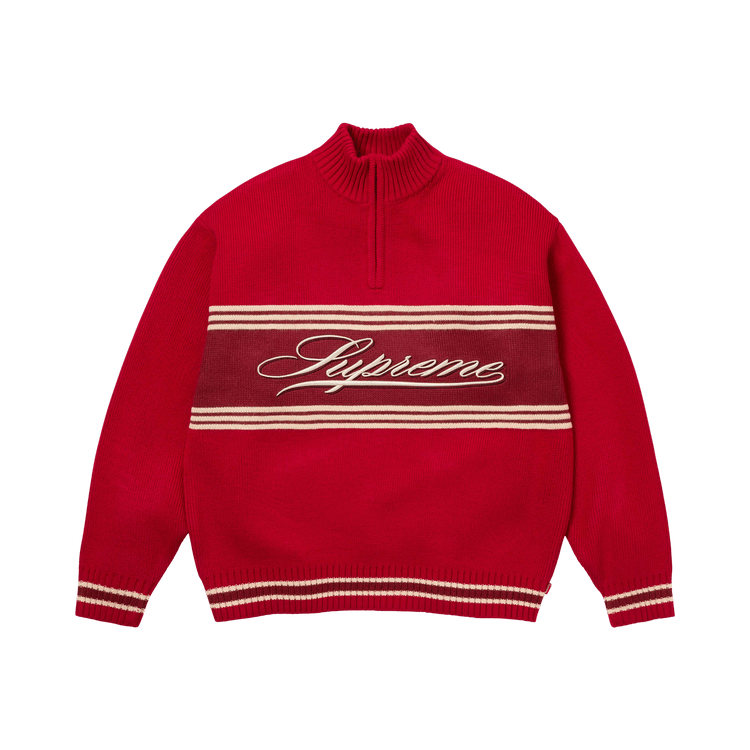 Supreme Script Stripe Half Zip Sweater "Red"