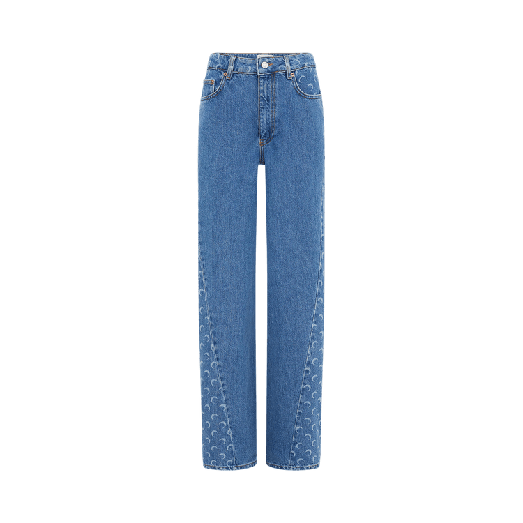 Marine Serre Moon Laser Blue Wash Denim High Waist Flare Jeans "Light Blue"