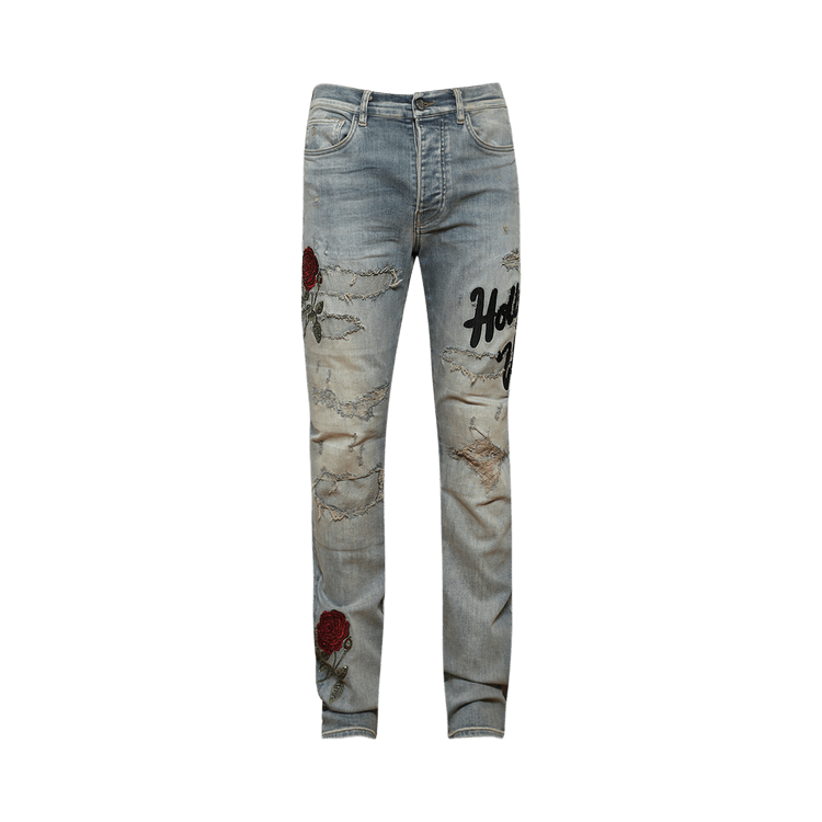Amiri Floral Sequin Repaired Slim Jean "Antique Indigo"