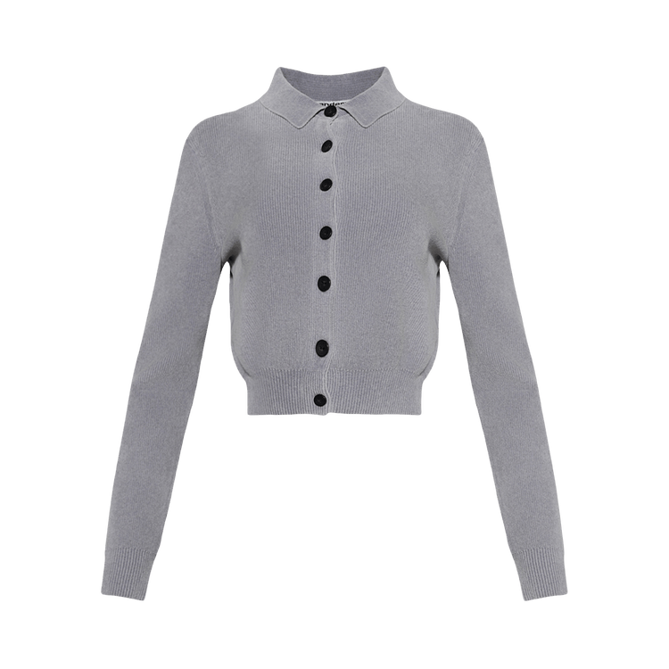 Alexander Wang Long-Sleeve Cropped Polo Cardigan W/ Embossed Logo "Washed Grey"