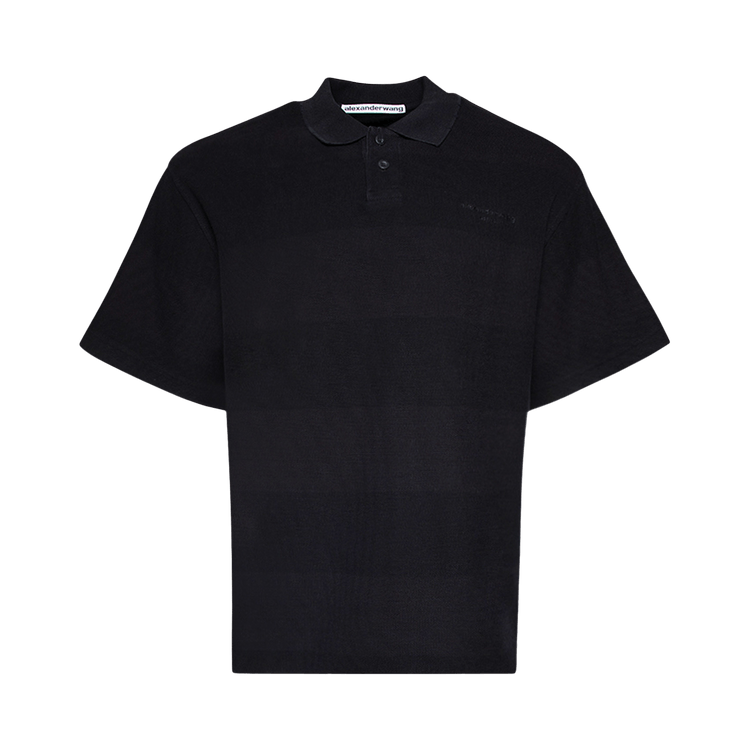 Alexander Wang Short-Sleeve Polo W/ Rib Collar "Black Overdyed Stripe"