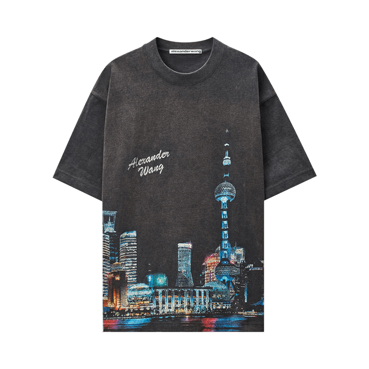 Alexander Wang Short-Sleeve T-Shirt W/ Allover Hotfix Graphic "Washed Black"
