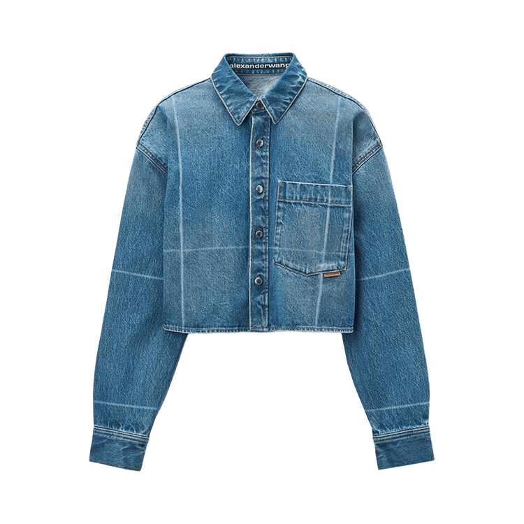 Alexander Wang Cropped Button Down Shirt W/ Faded Fold Lines "Vintage Marbled Blue"