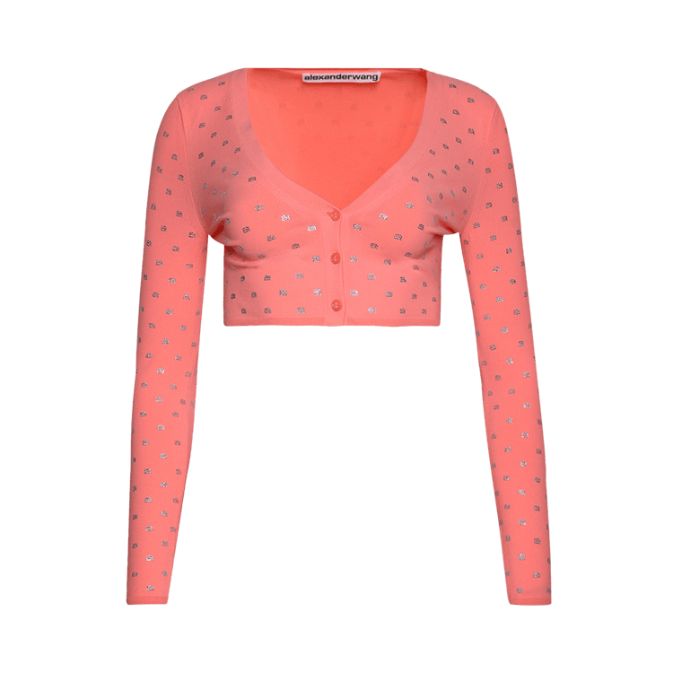 Alexander Wang Crystal Logo V-Neck Cropped Cardigan "Anime Pink"