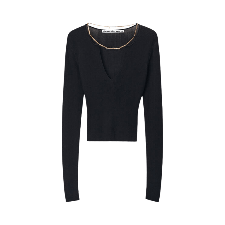 Alexander Wang Long-Sleeve V-Neck Pullover W/ Nameplate Chain "Black"