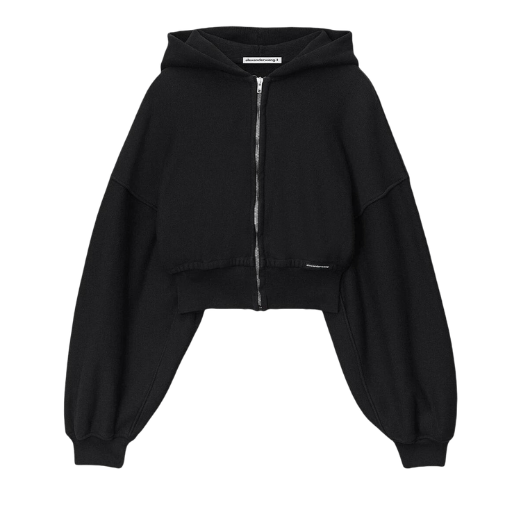 Alexander Wang Branded Seam Label Cropped Zip Up Hoodie "Faded Black"