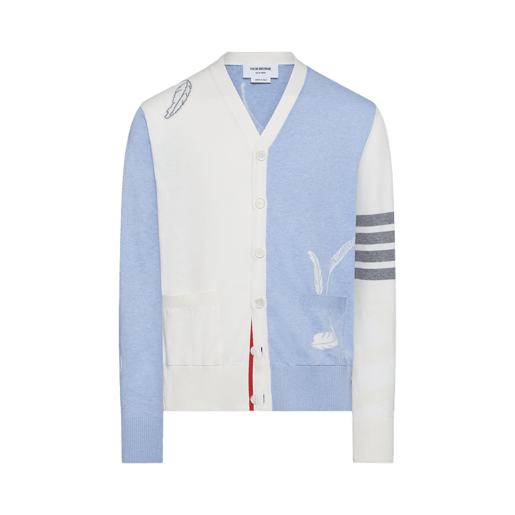 Thom Browne Funmix Feather Jersey Intarsia High V Neck Cardigan "Light Blue"