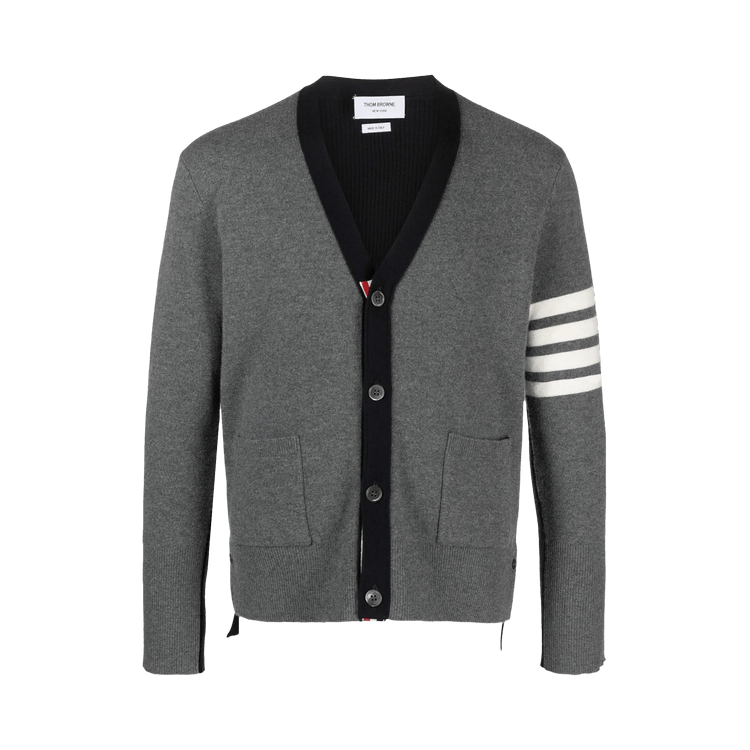 Thom Browne Intarsia 4 Bar Stripe High V Neck Cardigan "Light Grey"