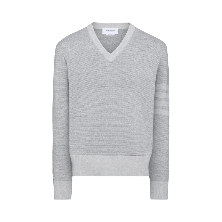 Thom Browne Textured Striped Stitch Relaxed Fit V Neck Pullover "Tonal Grey"