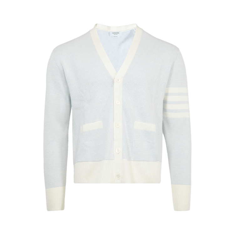 Thom Browne Textured Striped Stitch Relaxed Fit V Neck Cardigan "Light Blue"