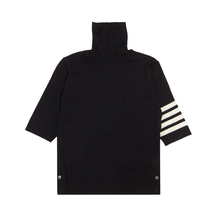 Thom Browne Relaxed Fit Short-Sleeve Turtleneck In Fine Merino Wool with 4 Bar Stripes "Navy"