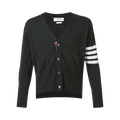 Thom Browne Classic Short V Neck Cardigan with White 4 Bar Stripe In Cashmere "Medium Grey"