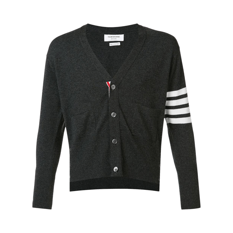 Thom Browne Classic Short V Neck Cardigan with White 4 Bar Stripe In Cashmere "Medium Grey"