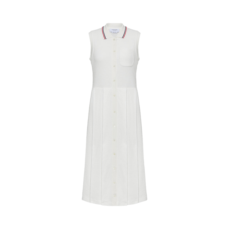 Thom Browne Sleeveless Pleated Bottom Polo Dress "Natural White"