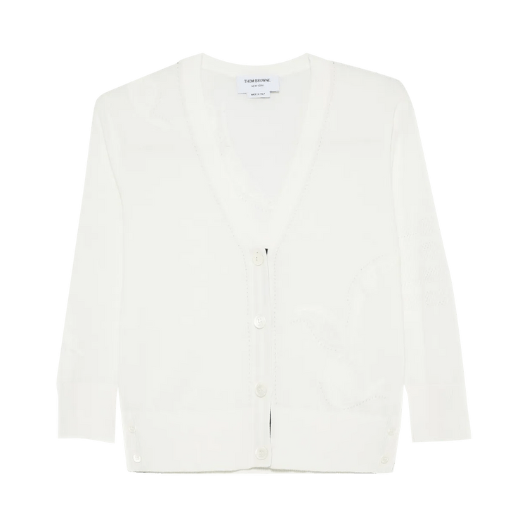 Thom Browne Feather Jersey Intarsia Mix Stitch 3/4 Sleeve V Neck Cardigan "White"