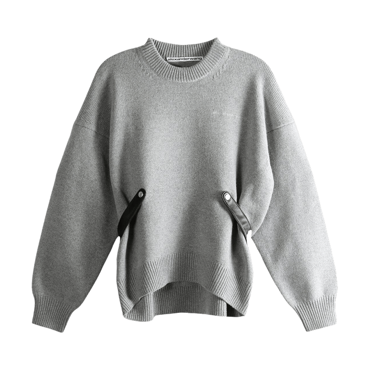 Alexander Wang Long-Sleeve Screwneck Detachable Leather Tabs Pullover "Heather Grey"