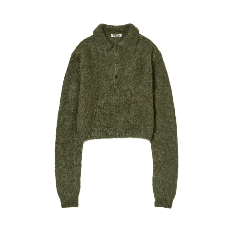 Auralee Brushed Super Kid Mohair Knit Polo Shirt "Olive"