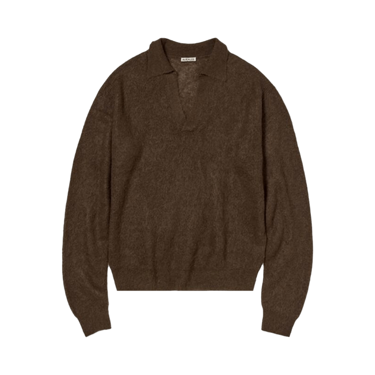 Auralee Baby Suri Alpaca Sheer Knit Skipper Polo "Dark Brown"