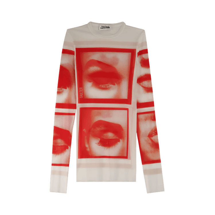 Jean Paul Gaultier Re-Edition Mesh Longsleeve Top Printed Eyes And Lips "White/Red/Light Orange"