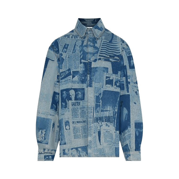 Jean Paul Gaultier Denim Shirt With Newspaper Print "Indigo/Beige"