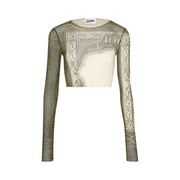 Jean Paul Gaultier Re-Edition Crew Neck Long-Sleeve Crop Top Printed Cartouche "Green/Ecru/Black/Orange"